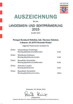 Landeswein- und Sektprämierung Gold-Auszeichnung 2015